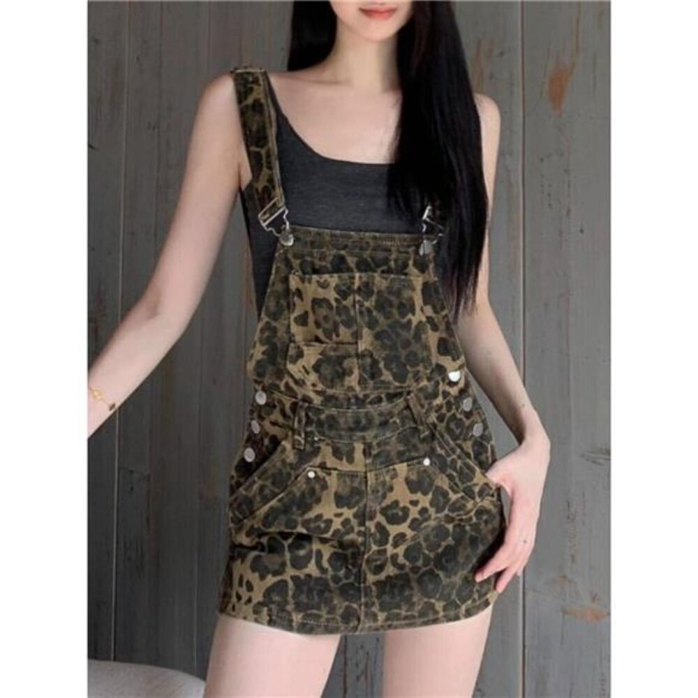 Leopard Print Denim Overall Dress